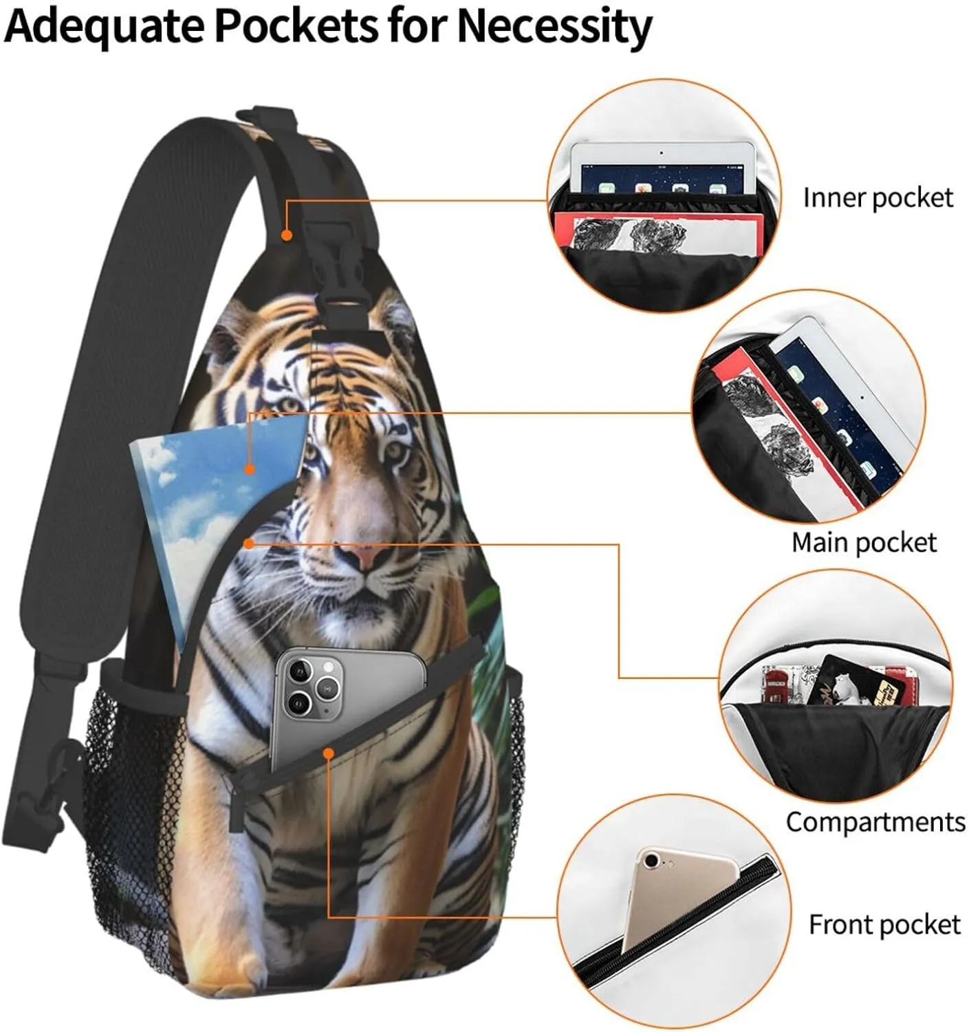 Sling Bag for Women Men Shoulder Bag Travel Paris Chest Bag Travel Fanny Pack Lightweight Casual Daypack, Tiger in the Zoo, One Size