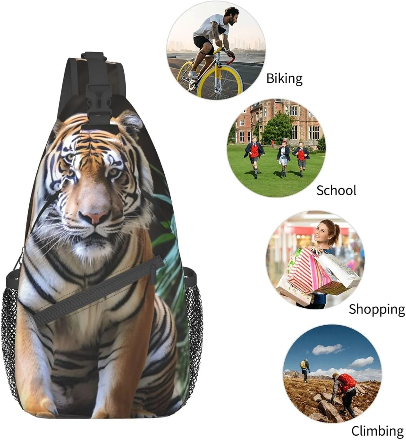 Sling Bag for Women Men Shoulder Bag Travel Paris Chest Bag Travel Fanny Pack Lightweight Casual Daypack, Tiger in the Zoo, One Size