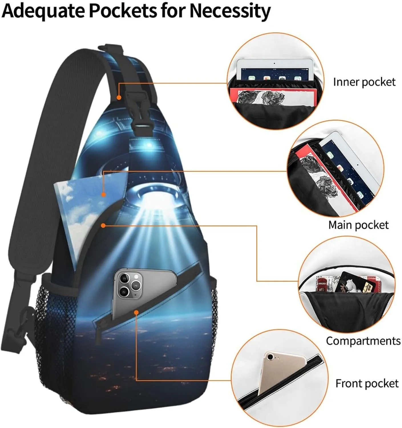 Sling Bag for Women Men Shoulder Bag Valley Chest Bag Travel Fanny Pack Lightweight Casual Daypack, Ufo Spaceship, One Size