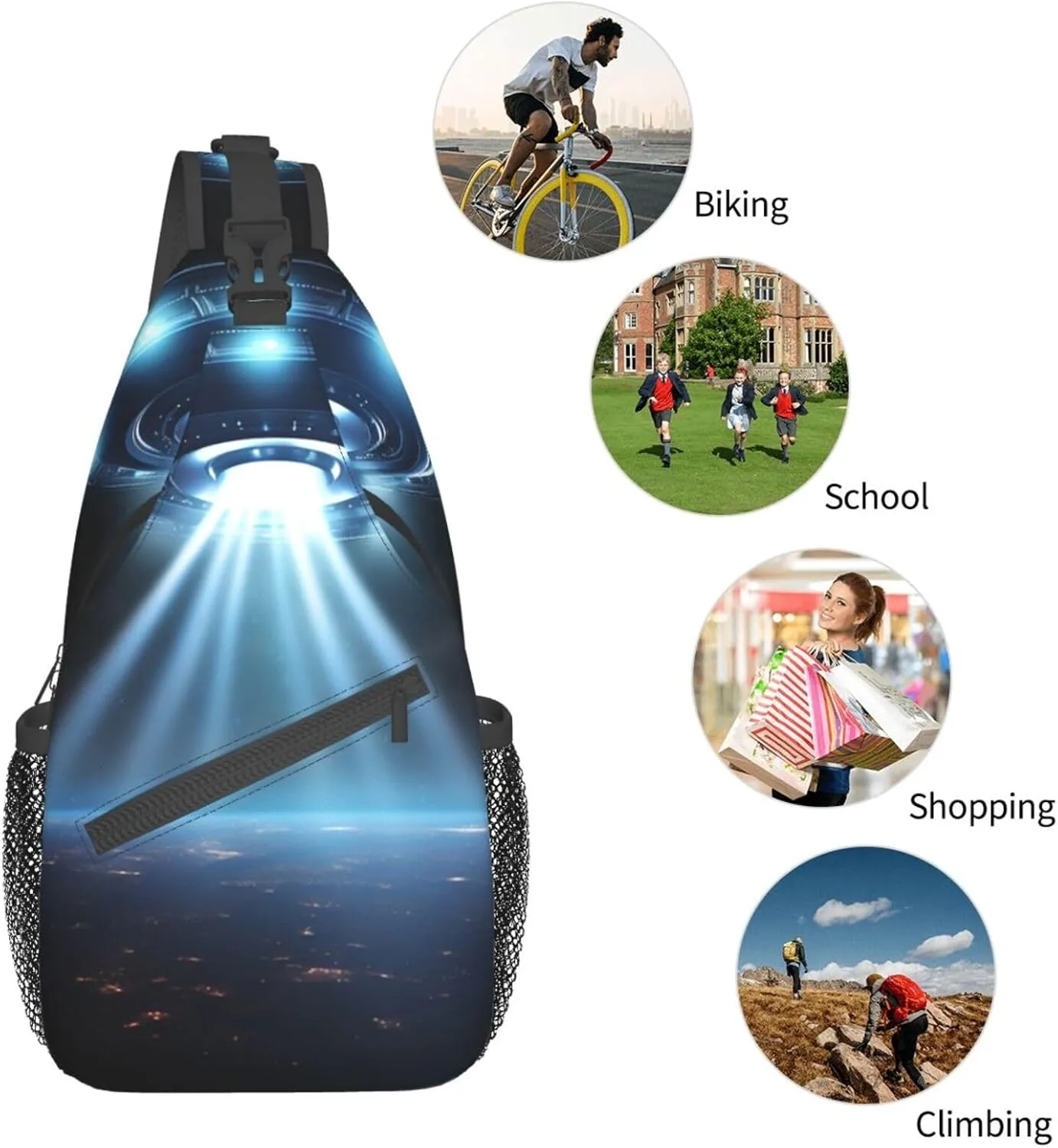 Sling Bag for Women Men Shoulder Bag Valley Chest Bag Travel Fanny Pack Lightweight Casual Daypack, Ufo Spaceship, One Size