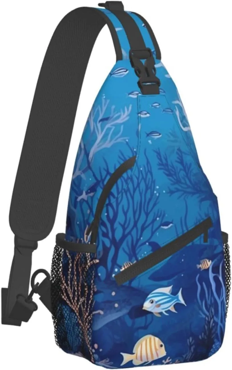 Sling Bag for Women Men Shoulder Bag Valley Chest Bag Travel Fanny Pack Lightweight Casual Daypack, Underwater Sea Pattern, One Size