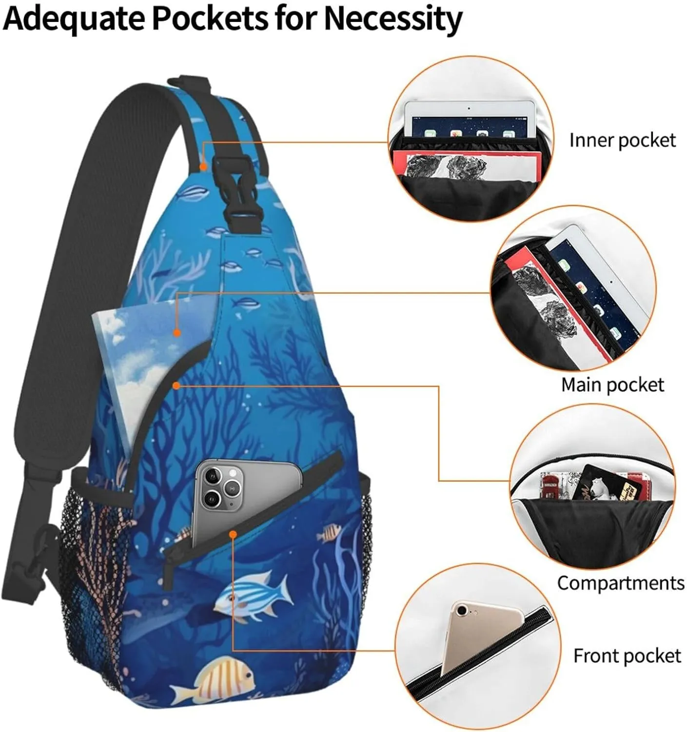 Sling Bag for Women Men Shoulder Bag Valley Chest Bag Travel Fanny Pack Lightweight Casual Daypack, Underwater Sea Pattern, One Size