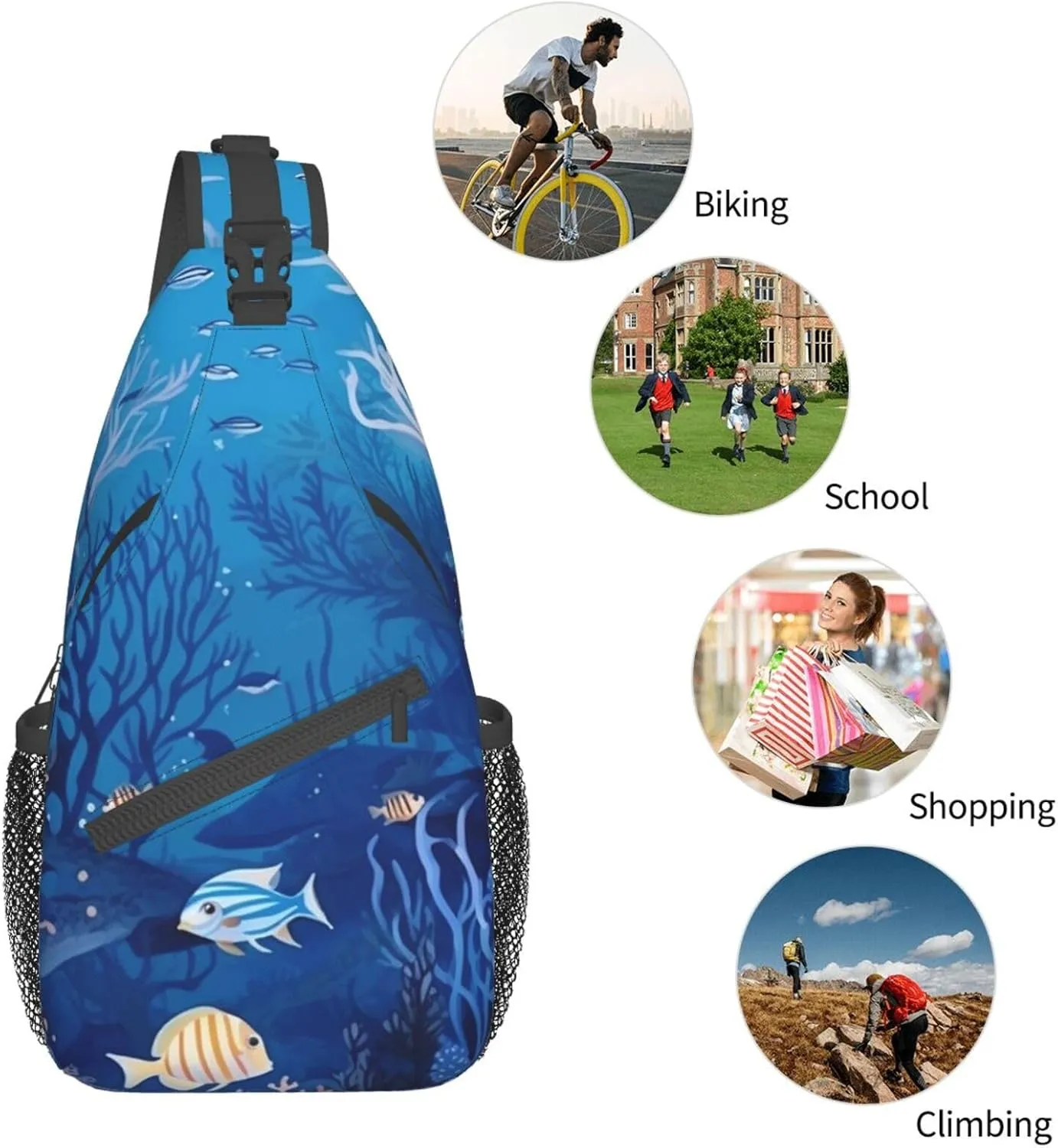 Sling Bag for Women Men Shoulder Bag Valley Chest Bag Travel Fanny Pack Lightweight Casual Daypack, Underwater Sea Pattern, One Size