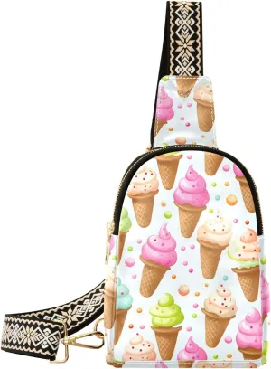 Sling Bag for Women Summer Colorful Ice Cream Cone Pattern Crossbody Bag Small Chest Bag Shoulder Bag Cell Phone Purse for Casual Travel Hiking Running Sports