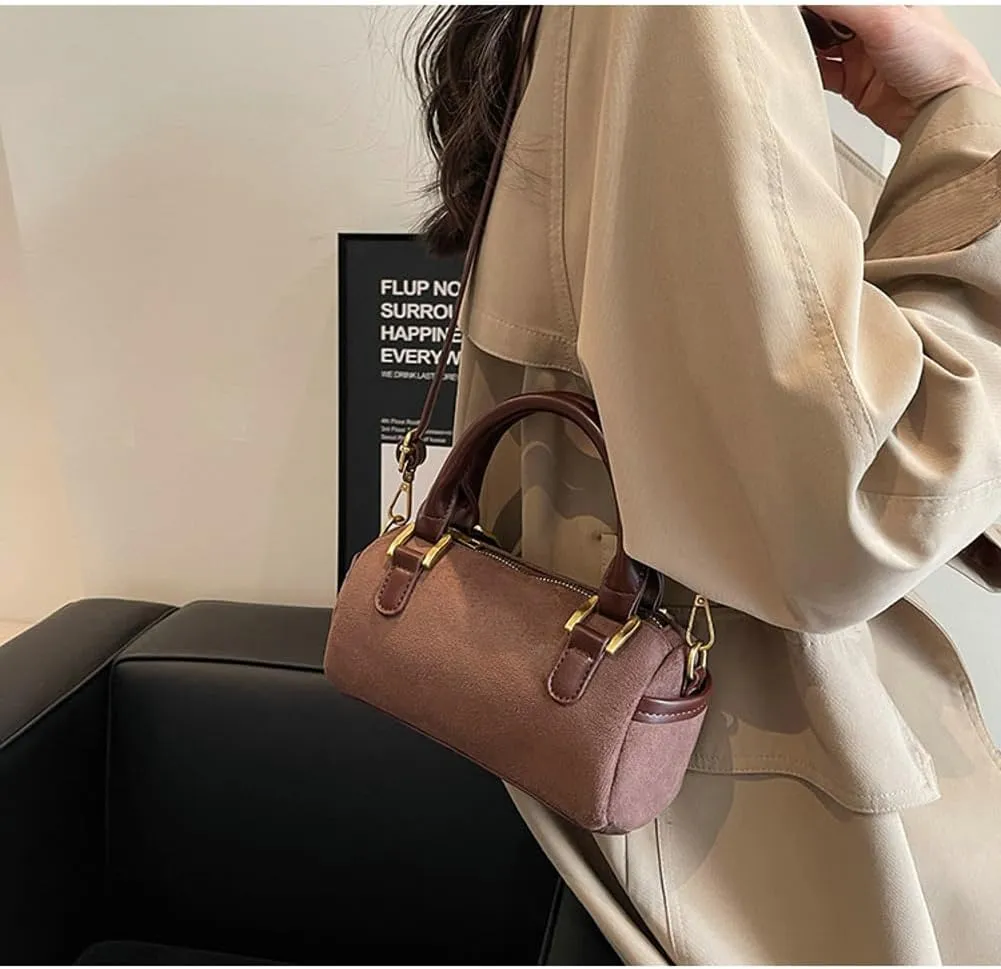 Slouchy Suede Boston Barrel Bag Women Corduroy Boho Satchels Shoulder Bag Crossbody Purse Mini Top-handle Tote Handbag