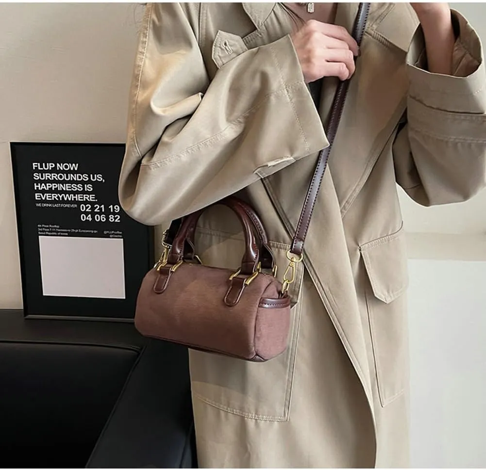 Slouchy Suede Boston Barrel Bag Women Corduroy Boho Satchels Shoulder Bag Crossbody Purse Mini Top-handle Tote Handbag