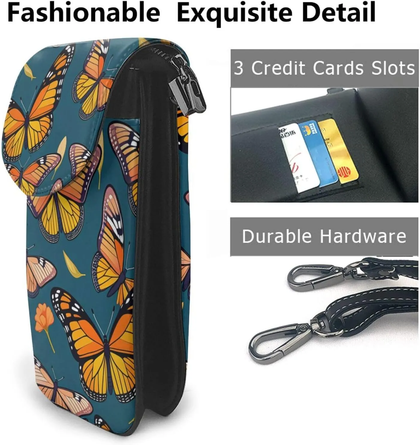 Small Crossbody Bags for Women,Leather Shoulder Bag for Cell Phone Purse with Strap and Violet-Gold Butterflies Printed