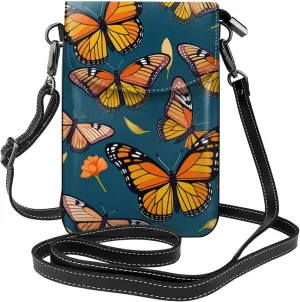 Small Crossbody Bags for Women,Leather Shoulder Bag for Cell Phone Purse with Strap and Violet-Gold Butterflies Printed