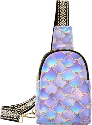 Small Sling Bag for Women Mermaid Scale Purple Leather Crossbody Bags Chest Bag Waist Packs