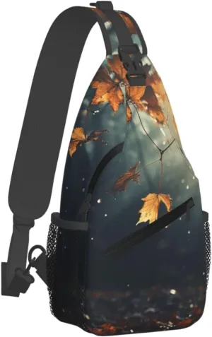 Small Sling Bag Sling Backpack for Women Men Chest Bag Autumn leaves flying in the misty forest Crossbody Shoulder Bag Hiking Daypack