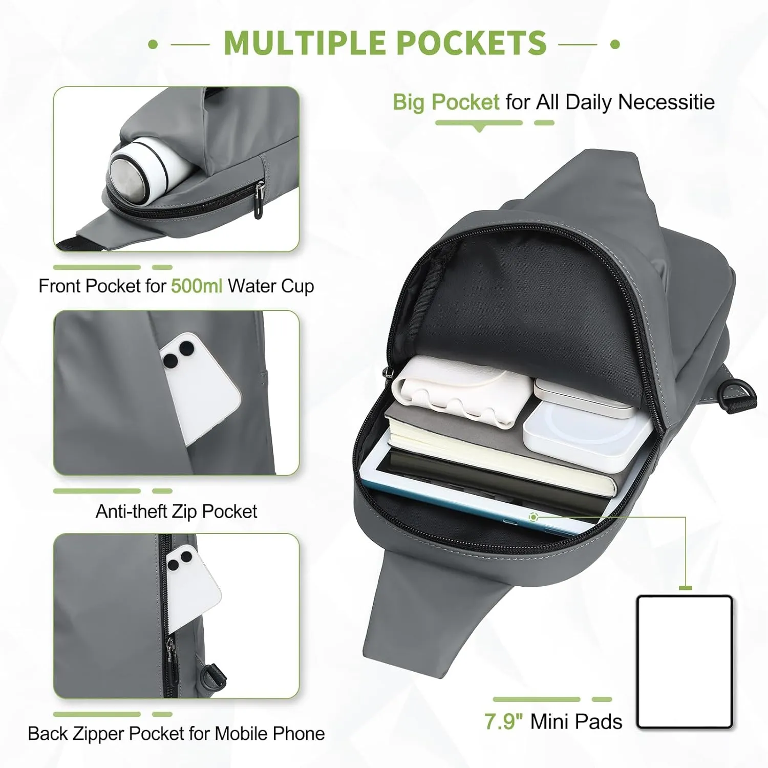 Small Sling Bag, Waterproof Nylon 7.9 Inch Crossbody Chest Bags Daypack Backpack with Anti-theft Pocket for Men Women (Grey)