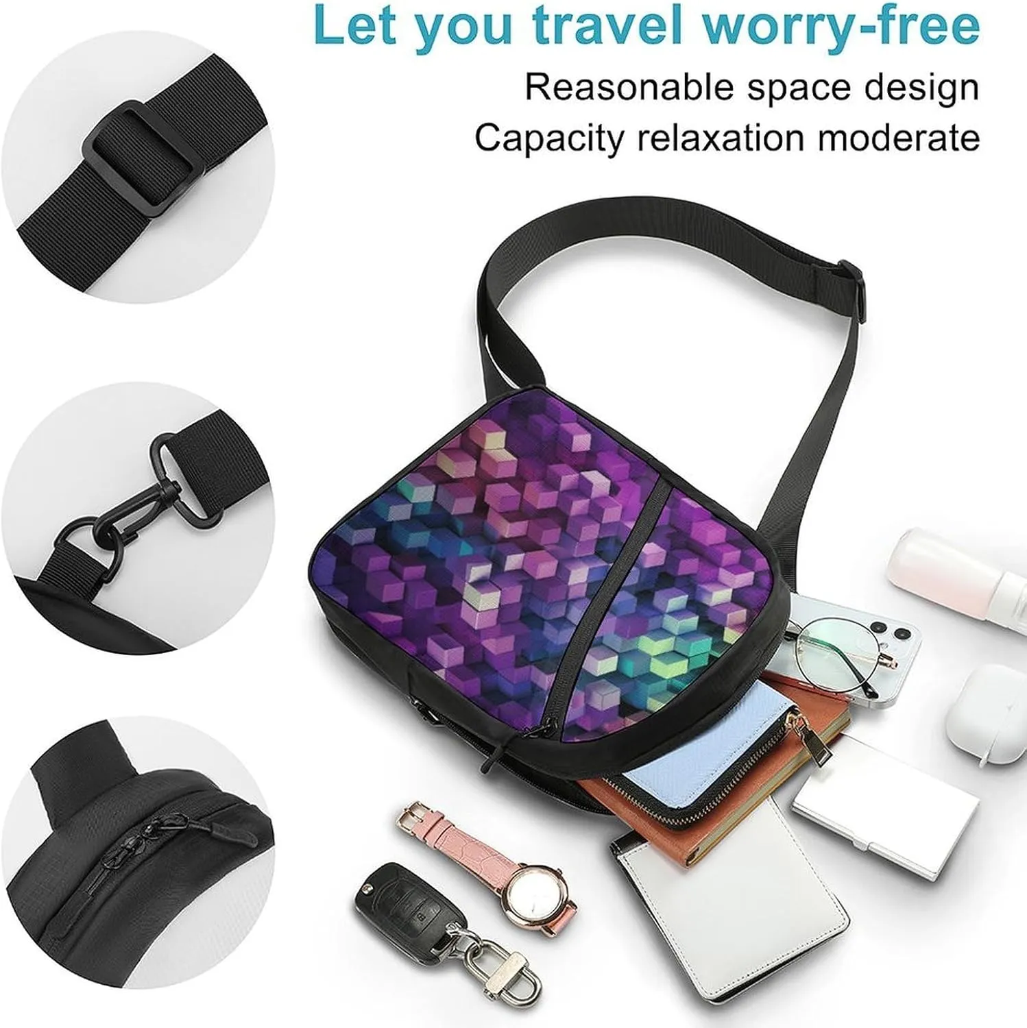 Small Sling Chest Bag Crossbody Bag for Men Women,Abstract Color Cubes Purple Lightweight Gym Daypack for Travel Cycling Hiking