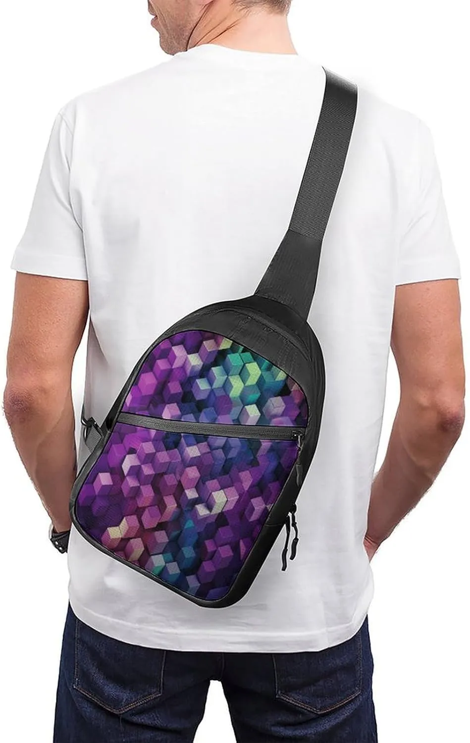 Small Sling Chest Bag Crossbody Bag for Men Women,Abstract Color Cubes Purple Lightweight Gym Daypack for Travel Cycling Hiking