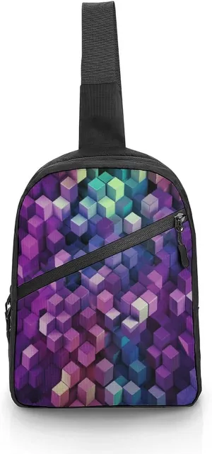 Small Sling Chest Bag Crossbody Bag for Men Women,Abstract Color Cubes Purple Lightweight Gym Daypack for Travel Cycling Hiking