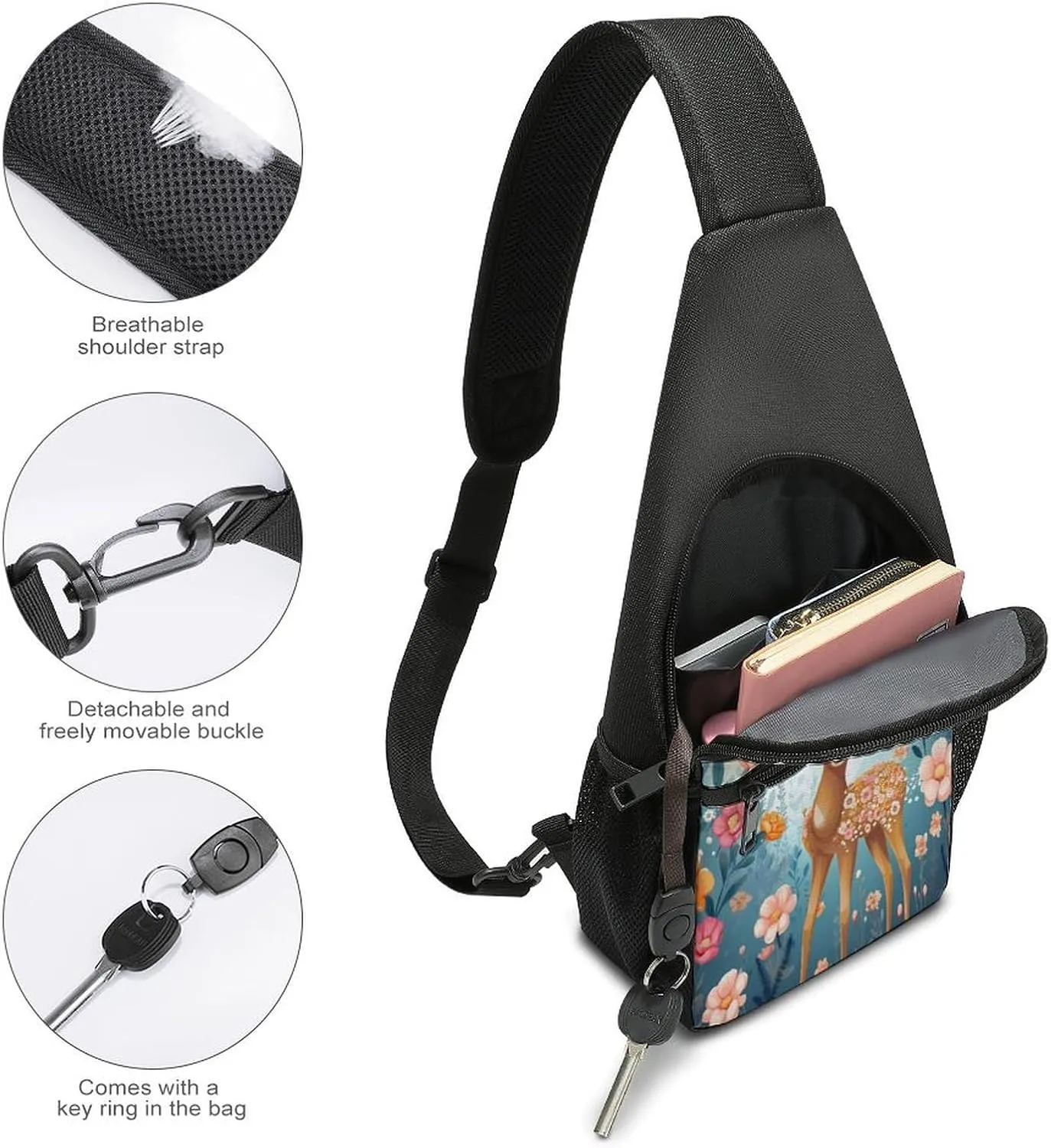 Small Sling Chest Bag Crossbody Bag for Men Women,Cartoon Deer Flower Lightweight Gym Daypack for Travel Cycling Hiking