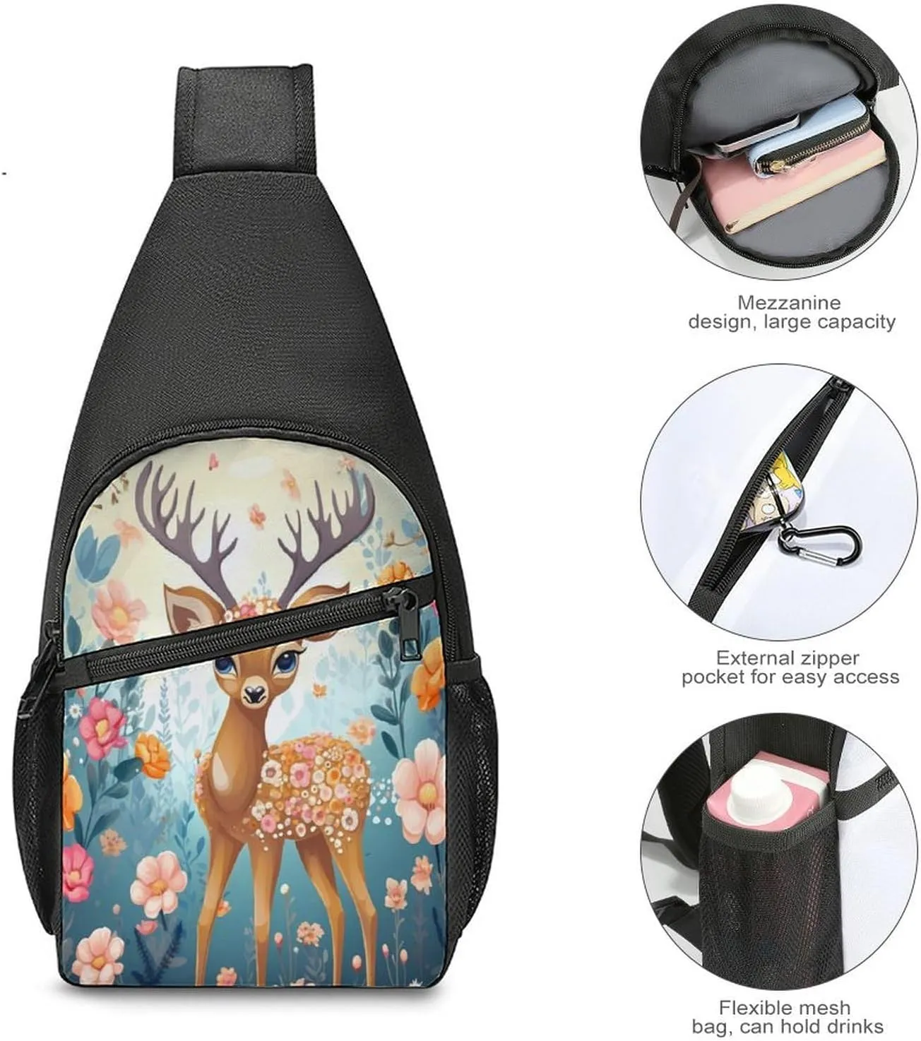 Small Sling Chest Bag Crossbody Bag for Men Women,Cartoon Deer Flower Lightweight Gym Daypack for Travel Cycling Hiking