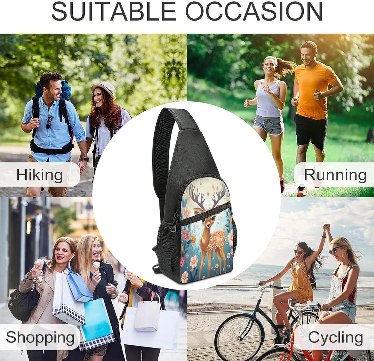 Small Sling Chest Bag Crossbody Bag for Men Women,Cartoon Deer Flower Lightweight Gym Daypack for Travel Cycling Hiking