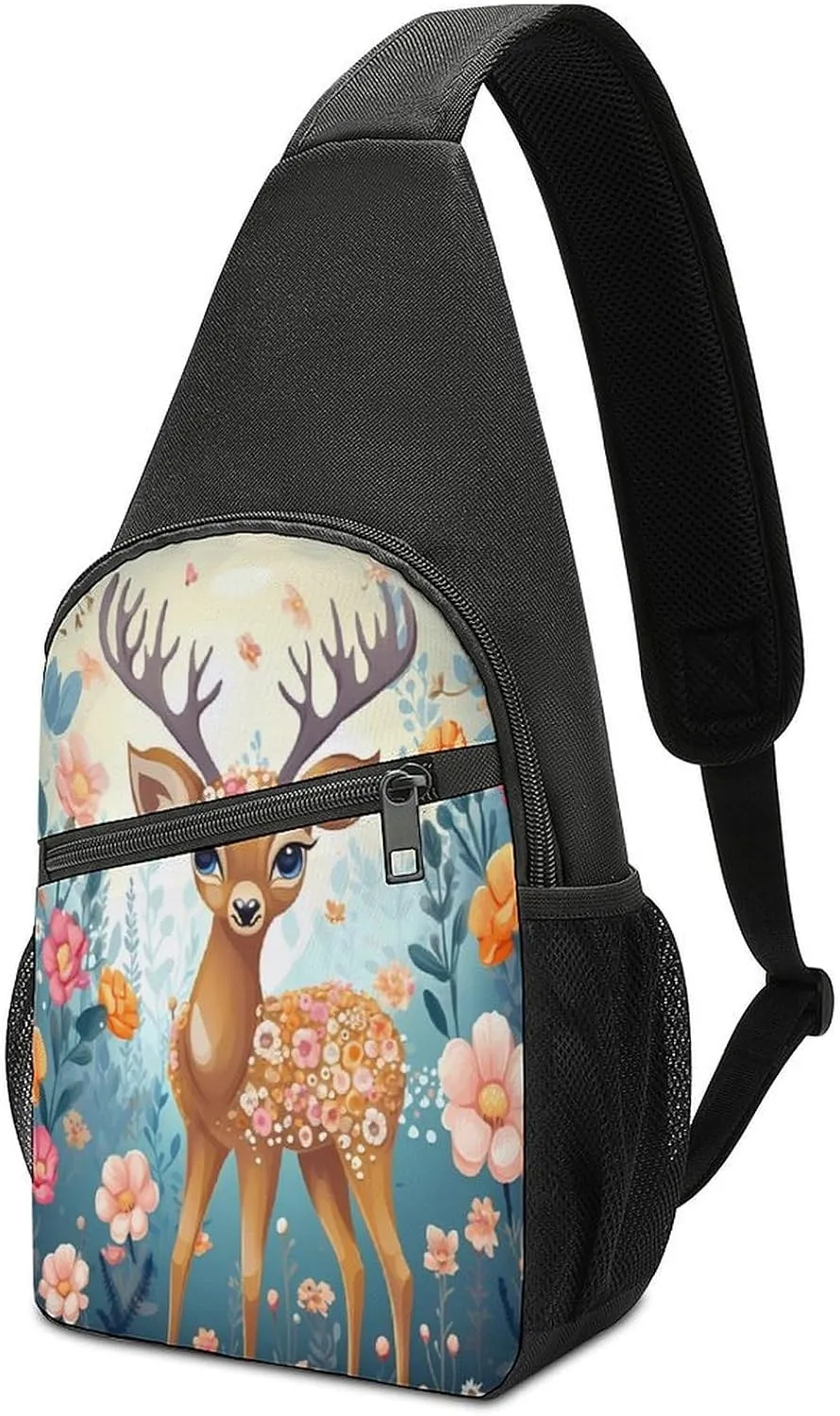 Small Sling Chest Bag Crossbody Bag for Men Women,Cartoon Deer Flower Lightweight Gym Daypack for Travel Cycling Hiking
