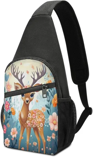 Small Sling Chest Bag Crossbody Bag for Men Women,Cartoon Deer Flower Lightweight Gym Daypack for Travel Cycling Hiking