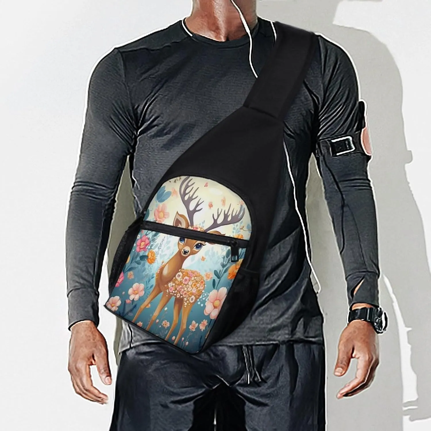 Small Sling Chest Bag Crossbody Bag for Men Women,Cartoon Deer Flower Lightweight Gym Daypack for Travel Cycling Hiking
