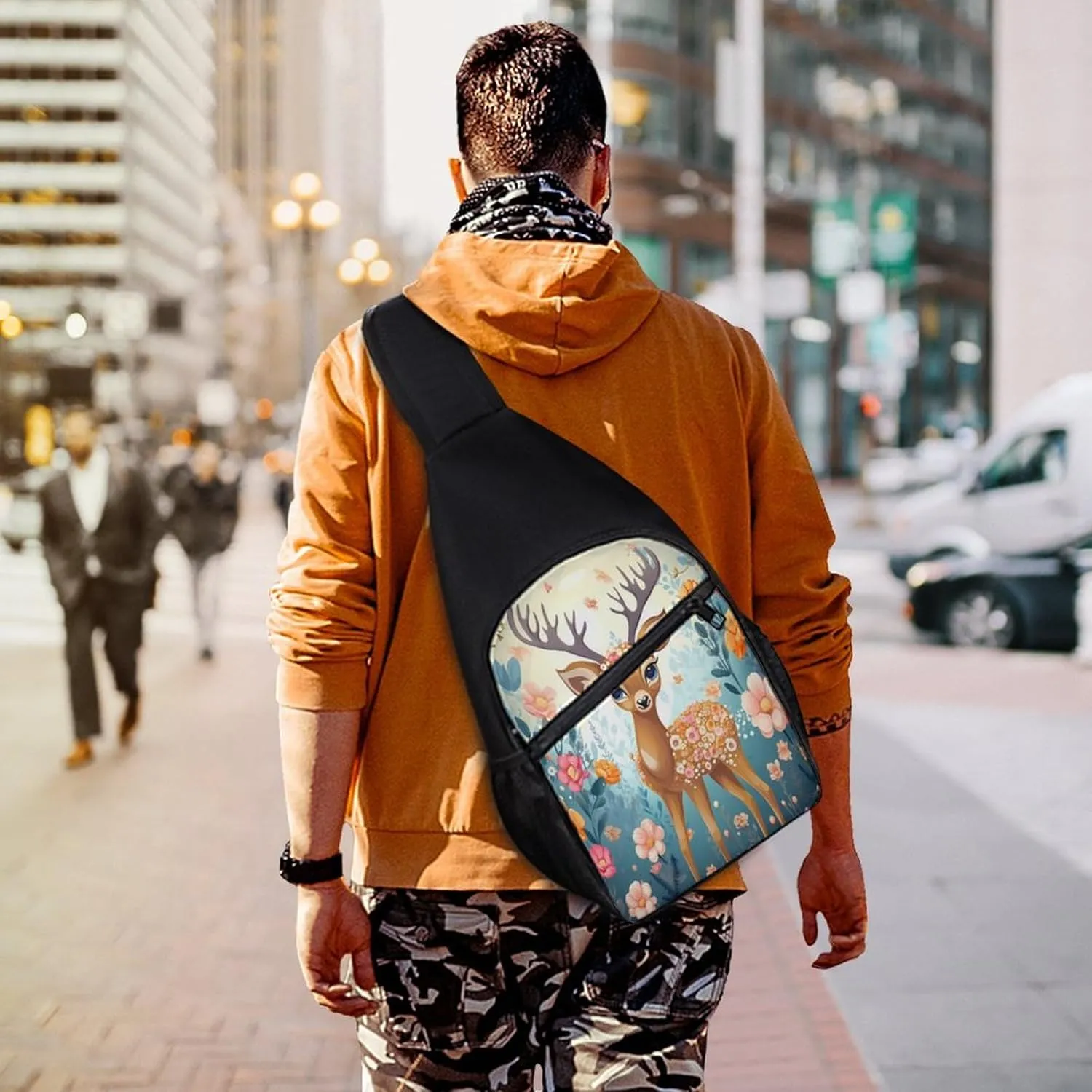 Small Sling Chest Bag Crossbody Bag for Men Women,Cartoon Deer Flower Lightweight Gym Daypack for Travel Cycling Hiking