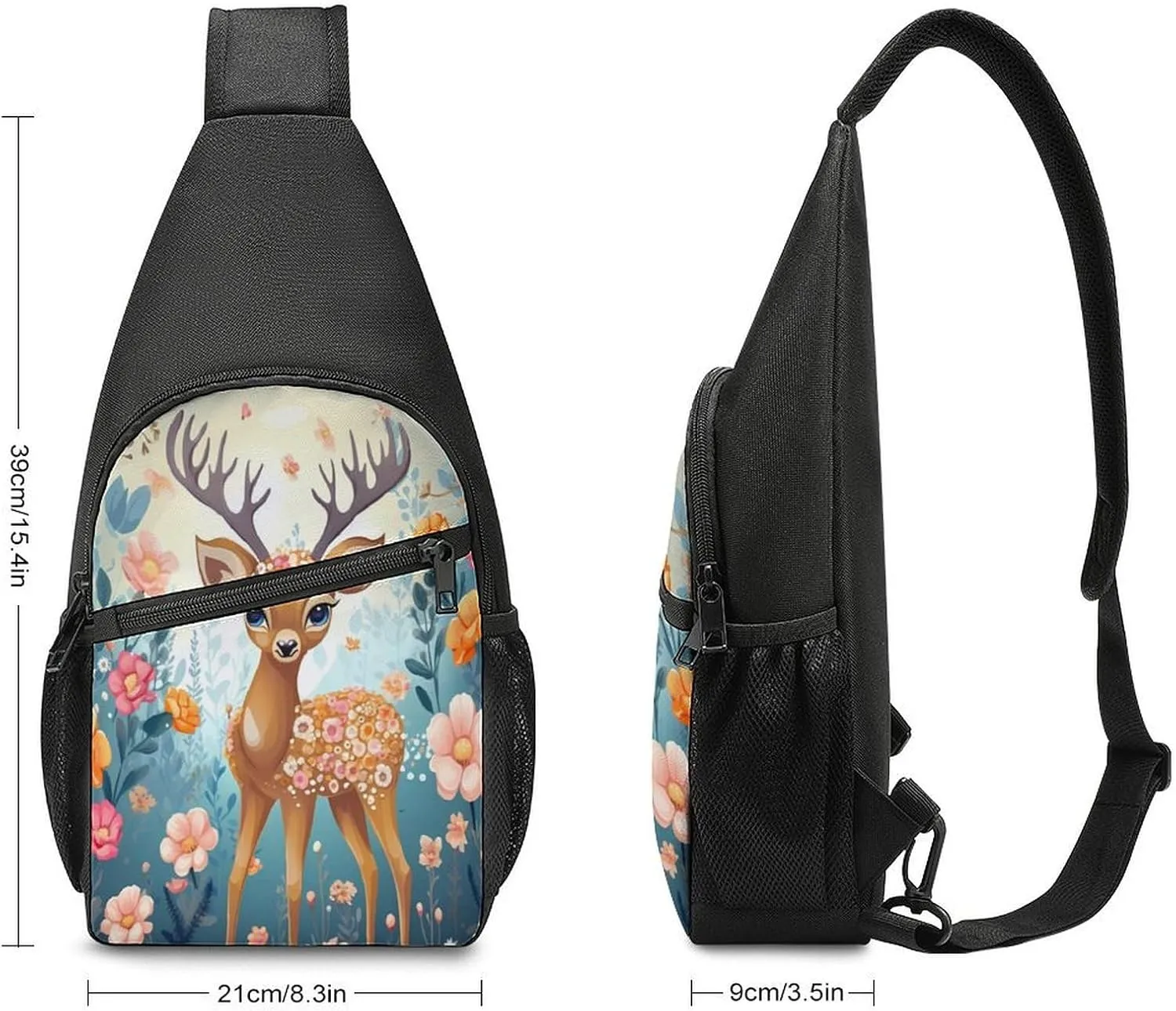 Small Sling Chest Bag Crossbody Bag for Men Women,Cartoon Deer Flower Lightweight Gym Daypack for Travel Cycling Hiking