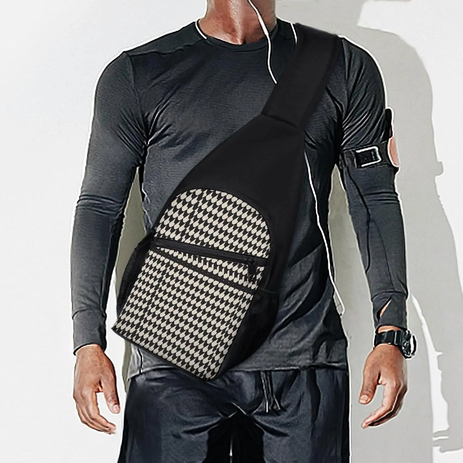 Small Sling Chest Bag Crossbody Bag for Men Women,Gray Houndstooth Stripes Lightweight Gym Daypack for Travel Cycling Hiking