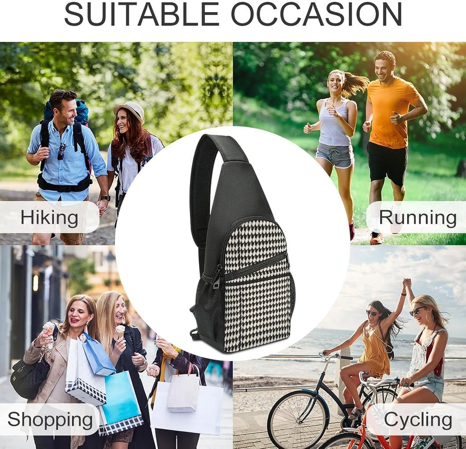 Small Sling Chest Bag Crossbody Bag for Men Women,Gray Houndstooth Stripes Lightweight Gym Daypack for Travel Cycling Hiking