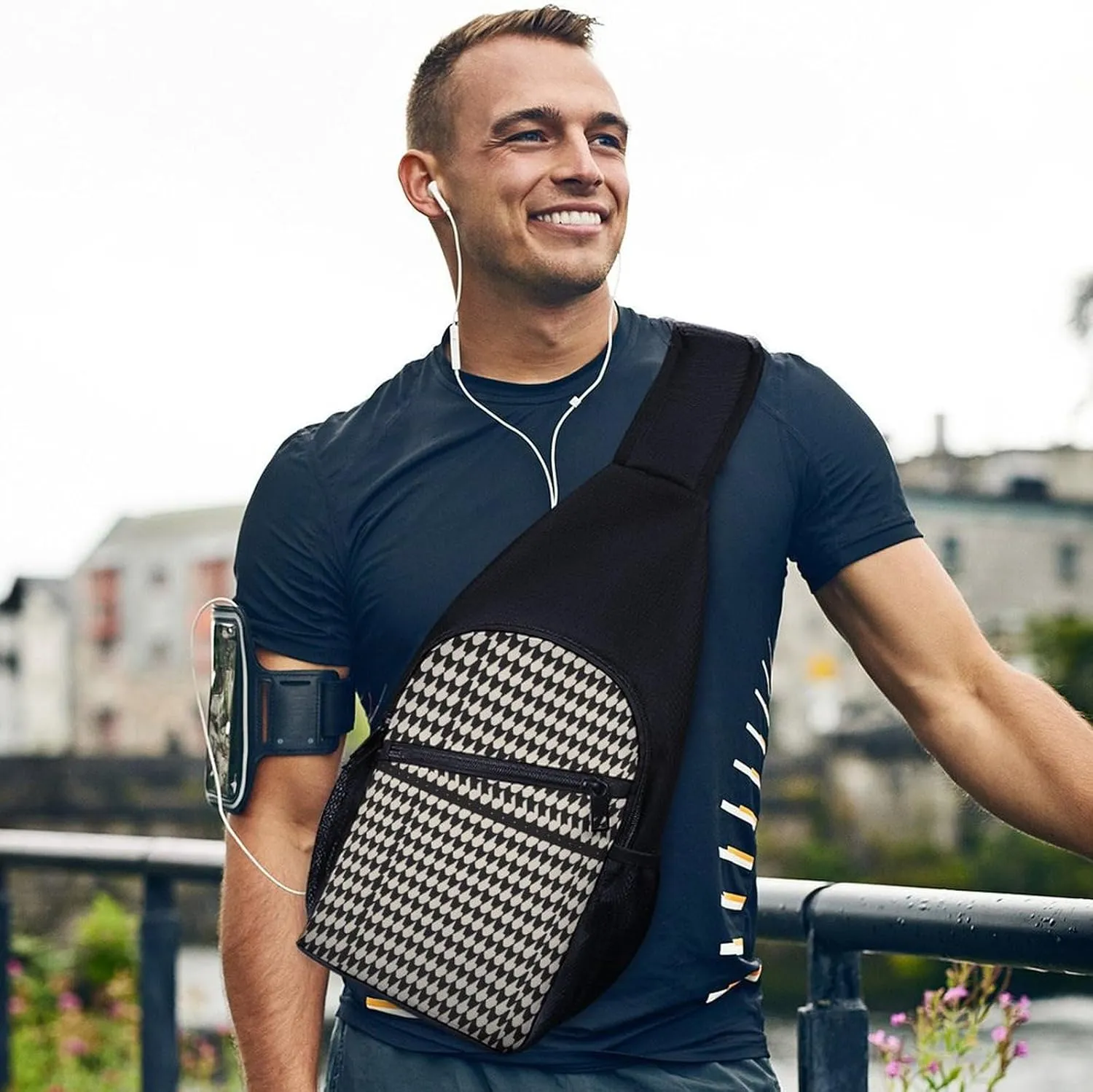 Small Sling Chest Bag Crossbody Bag for Men Women,Gray Houndstooth Stripes Lightweight Gym Daypack for Travel Cycling Hiking