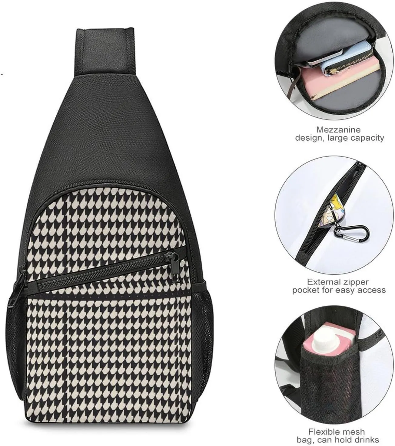 Small Sling Chest Bag Crossbody Bag for Men Women,Gray Houndstooth Stripes Lightweight Gym Daypack for Travel Cycling Hiking