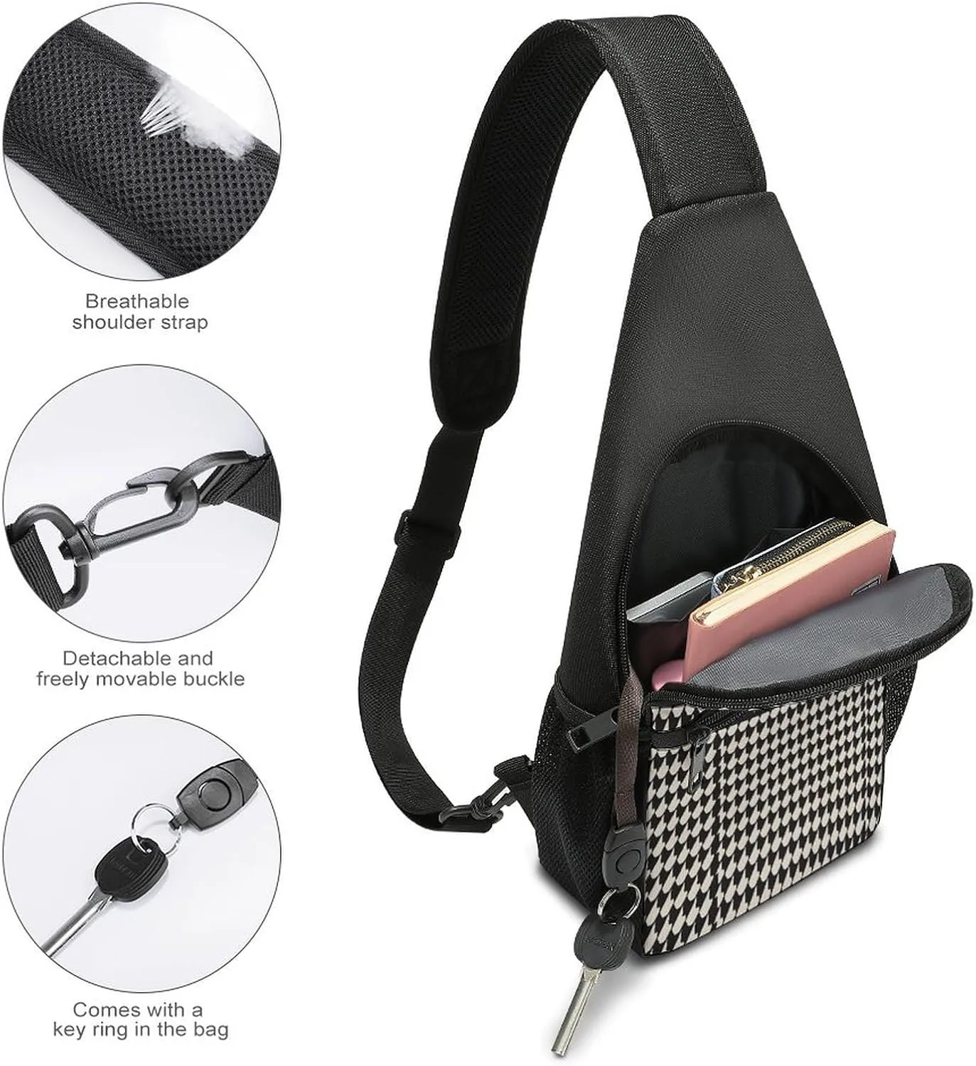 Small Sling Chest Bag Crossbody Bag for Men Women,Gray Houndstooth Stripes Lightweight Gym Daypack for Travel Cycling Hiking
