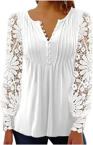 SMIDOW Elegant Lace Lantern Long Sleeve t-Shirt for Women Trendy Sexy Button v Neck Spring Tunic Tops Blouse