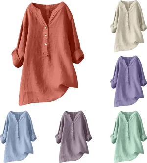 SMIDOW Linen Tops for Women Summer Plus Size Button Down Cotton Linen Shirts Long Sleeve v Neck Loose Comfy Blouse 2023