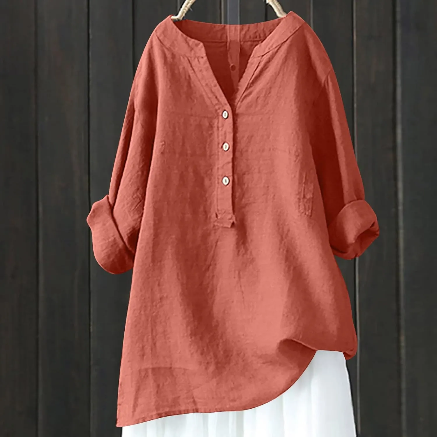 SMIDOW Linen Tops for Women Summer Plus Size Button Down Cotton Linen Shirts Long Sleeve v Neck Loose Comfy Blouse 2023