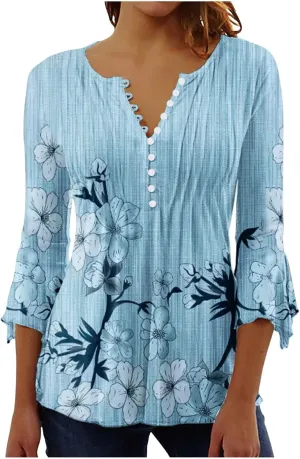 SMIDOW Summer Tunic Tops for Women 2023 Fashion 3/4 Bell Sleeve t-Shirt Bohemian Floral Henley Shirts Empire Waist Blouse