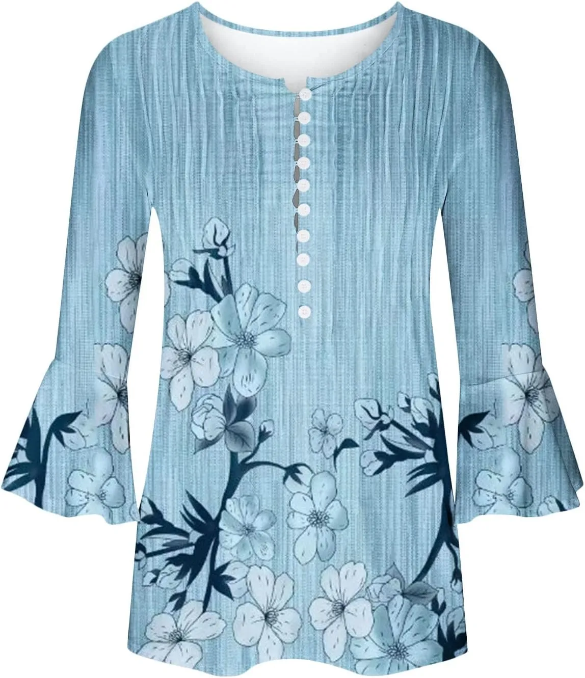 SMIDOW Summer Tunic Tops for Women 2023 Fashion 3/4 Bell Sleeve t-Shirt Bohemian Floral Henley Shirts Empire Waist Blouse
