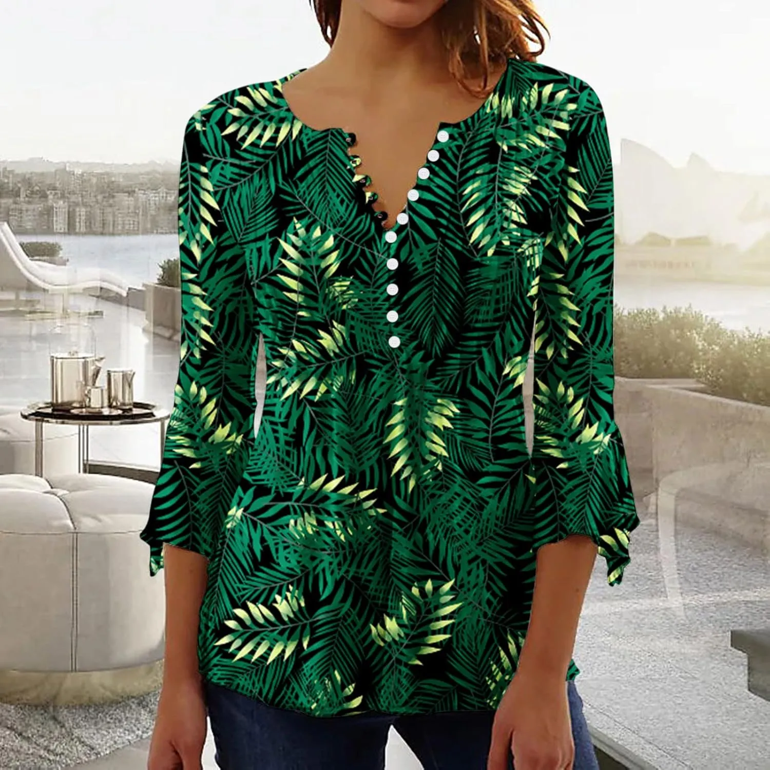 SMIDOW Three Quarter Bell Sleeve Tops for Women Fashion Summer Tunic Shirt 3/4 Sleeve Henley v Neck Boho Floral Tshirt Blouse