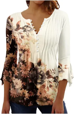 SMIDOW Three Quarter Bell Sleeve Tops for Women Fashion Summer Tunic Shirt 3/4 Sleeve Henley v Neck Boho Floral Tshirt Blouse