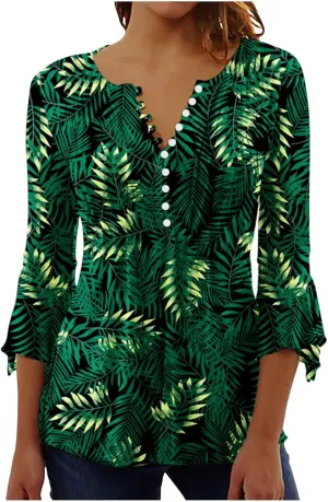 SMIDOW Three Quarter Bell Sleeve Tops for Women Fashion Summer Tunic Shirt 3/4 Sleeve Henley v Neck Boho Floral Tshirt Blouse