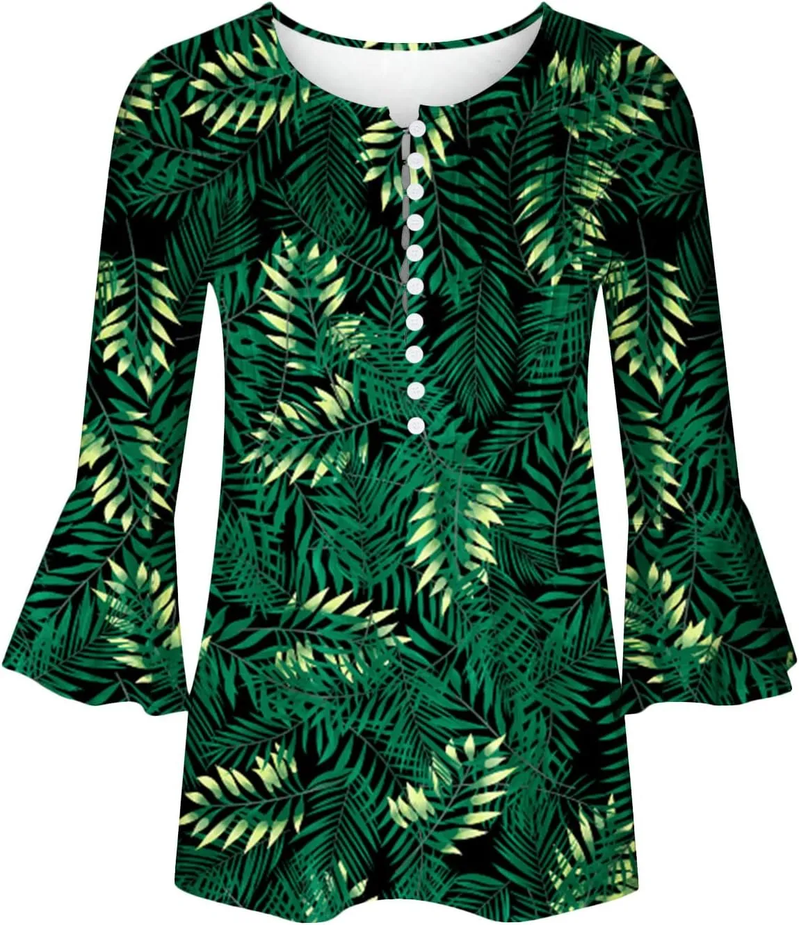 SMIDOW Three Quarter Bell Sleeve Tops for Women Fashion Summer Tunic Shirt 3/4 Sleeve Henley v Neck Boho Floral Tshirt Blouse