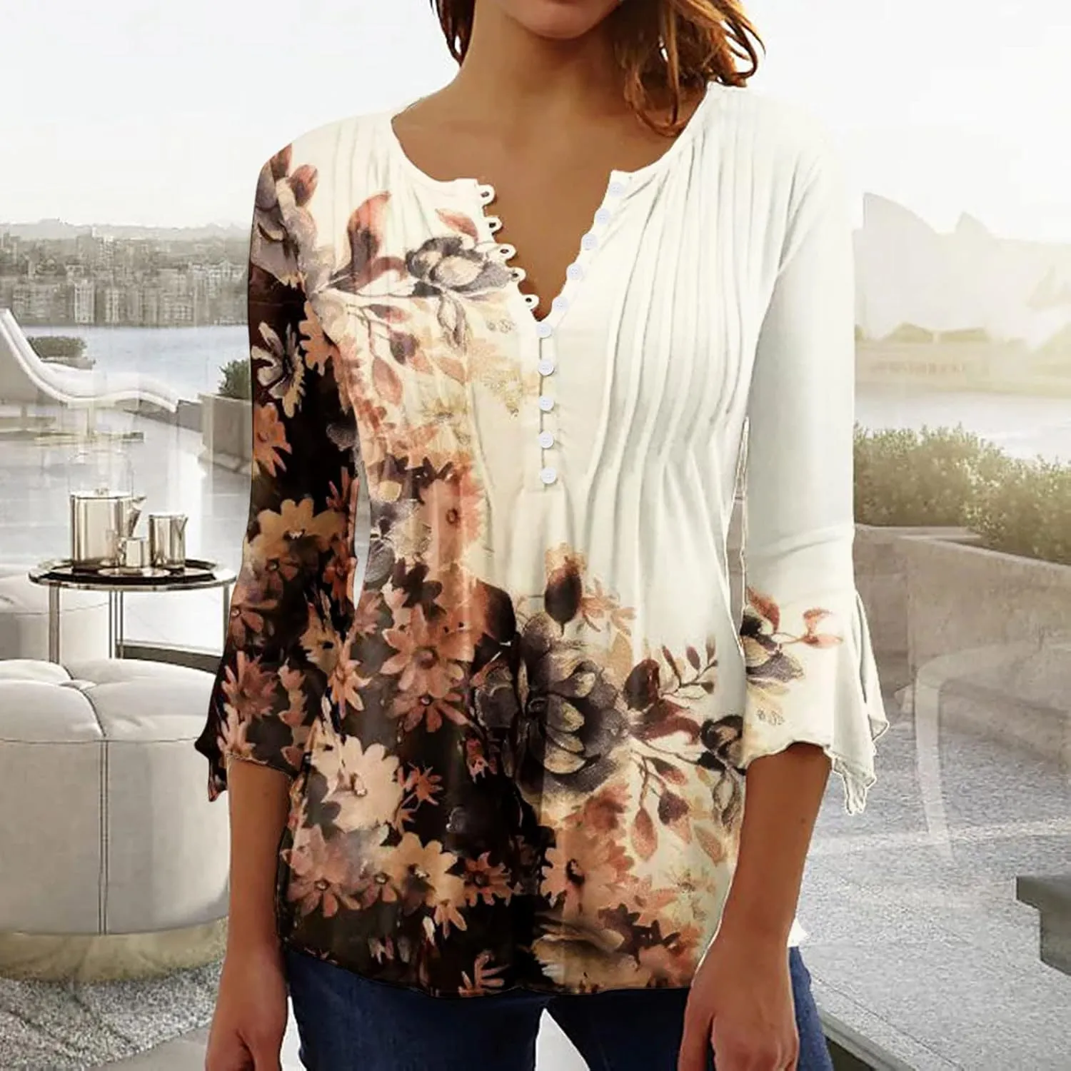 SMIDOW Three Quarter Bell Sleeve Tops for Women Fashion Summer Tunic Shirt 3/4 Sleeve Henley v Neck Boho Floral Tshirt Blouse