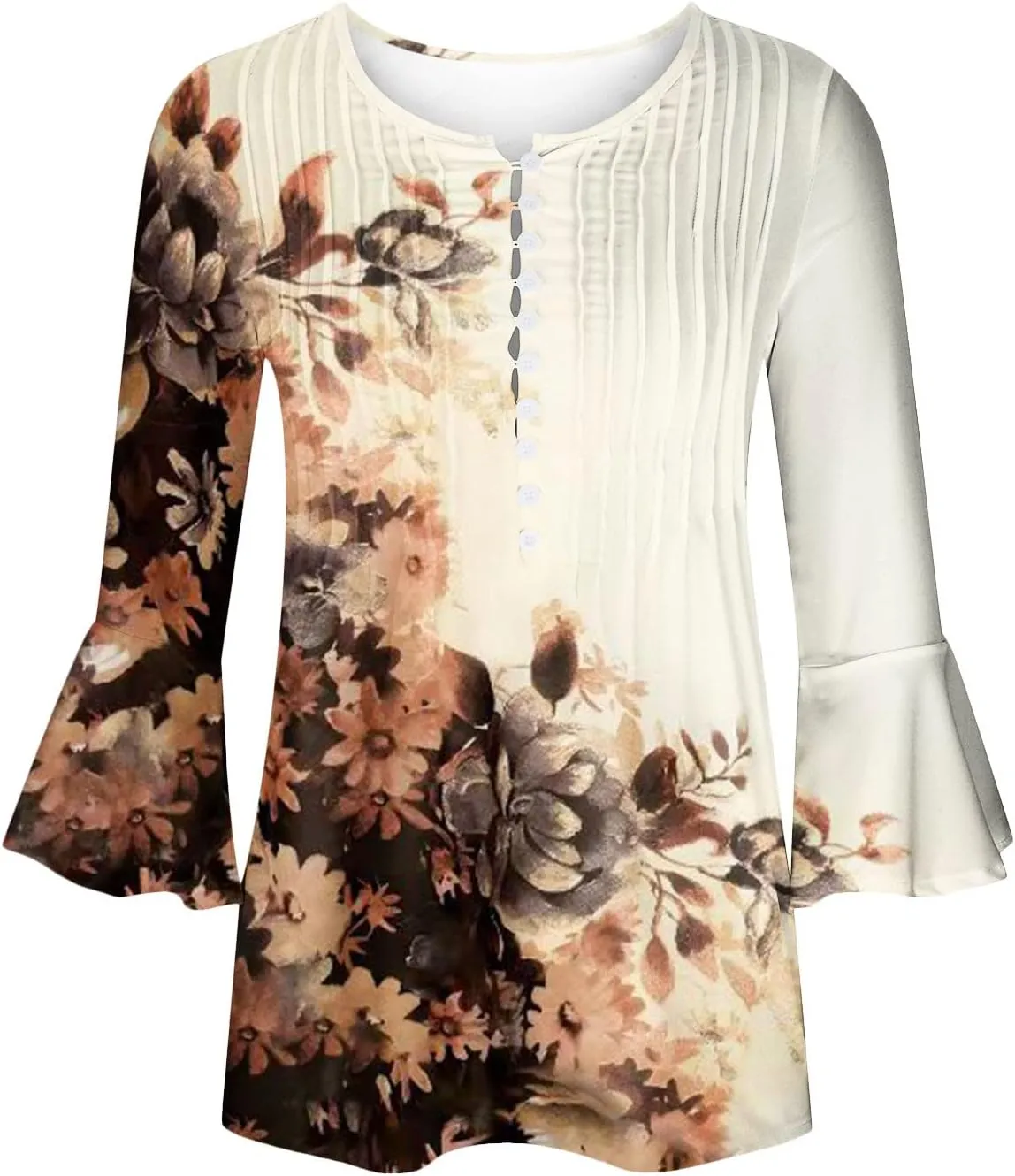 SMIDOW Three Quarter Bell Sleeve Tops for Women Fashion Summer Tunic Shirt 3/4 Sleeve Henley v Neck Boho Floral Tshirt Blouse