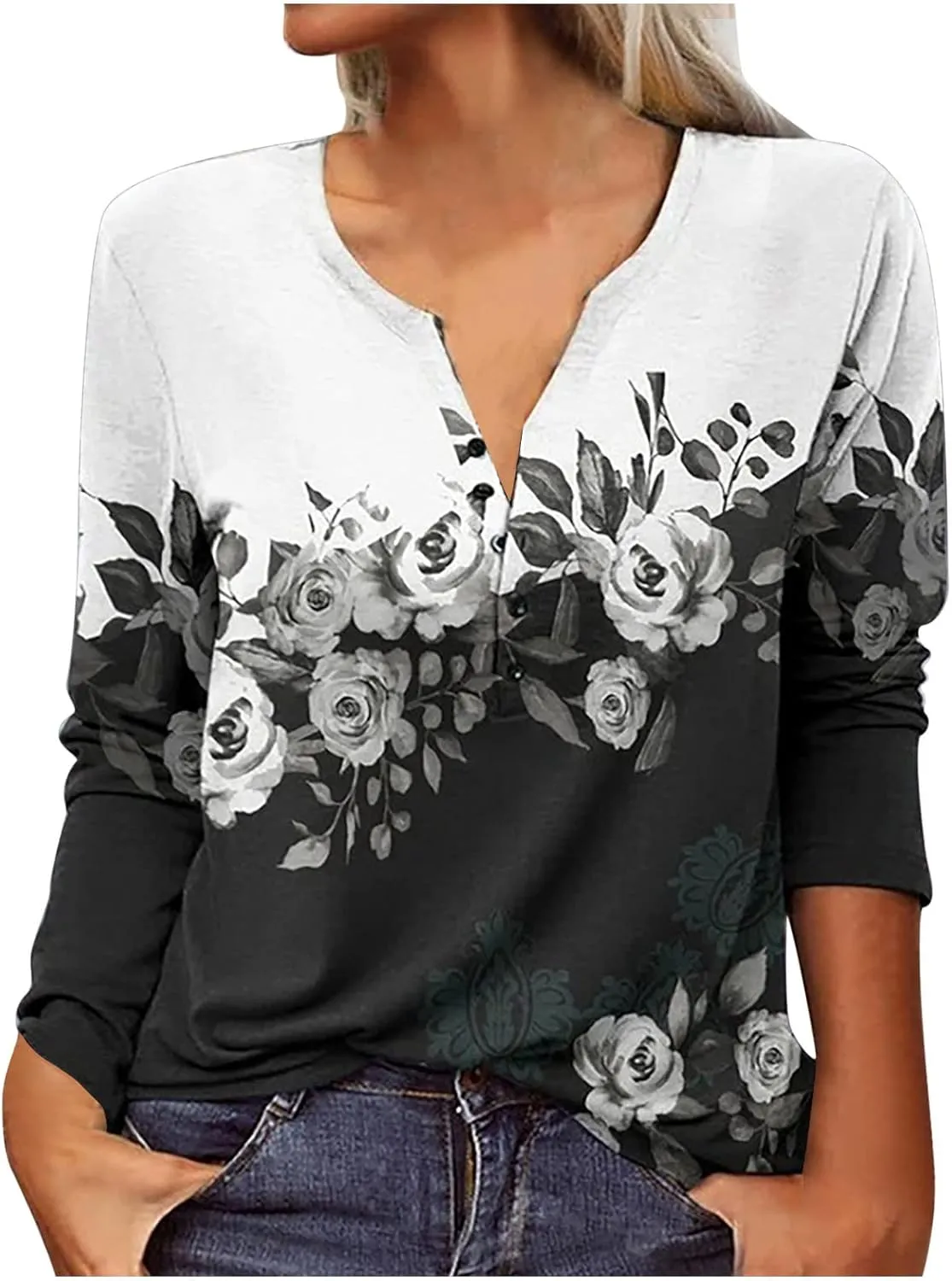 SMIDOW Womens Ethnic Style Long Sleeve Tops 2024 Trendy Spring Shirts v Neck Loose Comfy Pullover Tops Blouse Dressy Casual