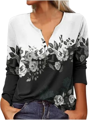 SMIDOW Womens Ethnic Style Long Sleeve Tops 2024 Trendy Spring Shirts v Neck Loose Comfy Pullover Tops Blouse Dressy Casual