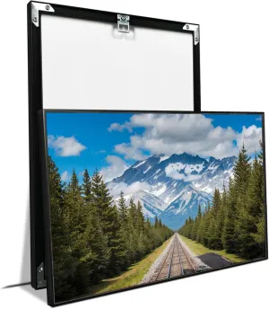 Snow Capped Mountain Range Straight Railway Track Tall Evergreen Trees Flanking Sides Vivid Blue Sky Fluffy Clouds Rugged Peaks Misty Shrouds Perspective View Nature Wall Decor Canvas Print Poster