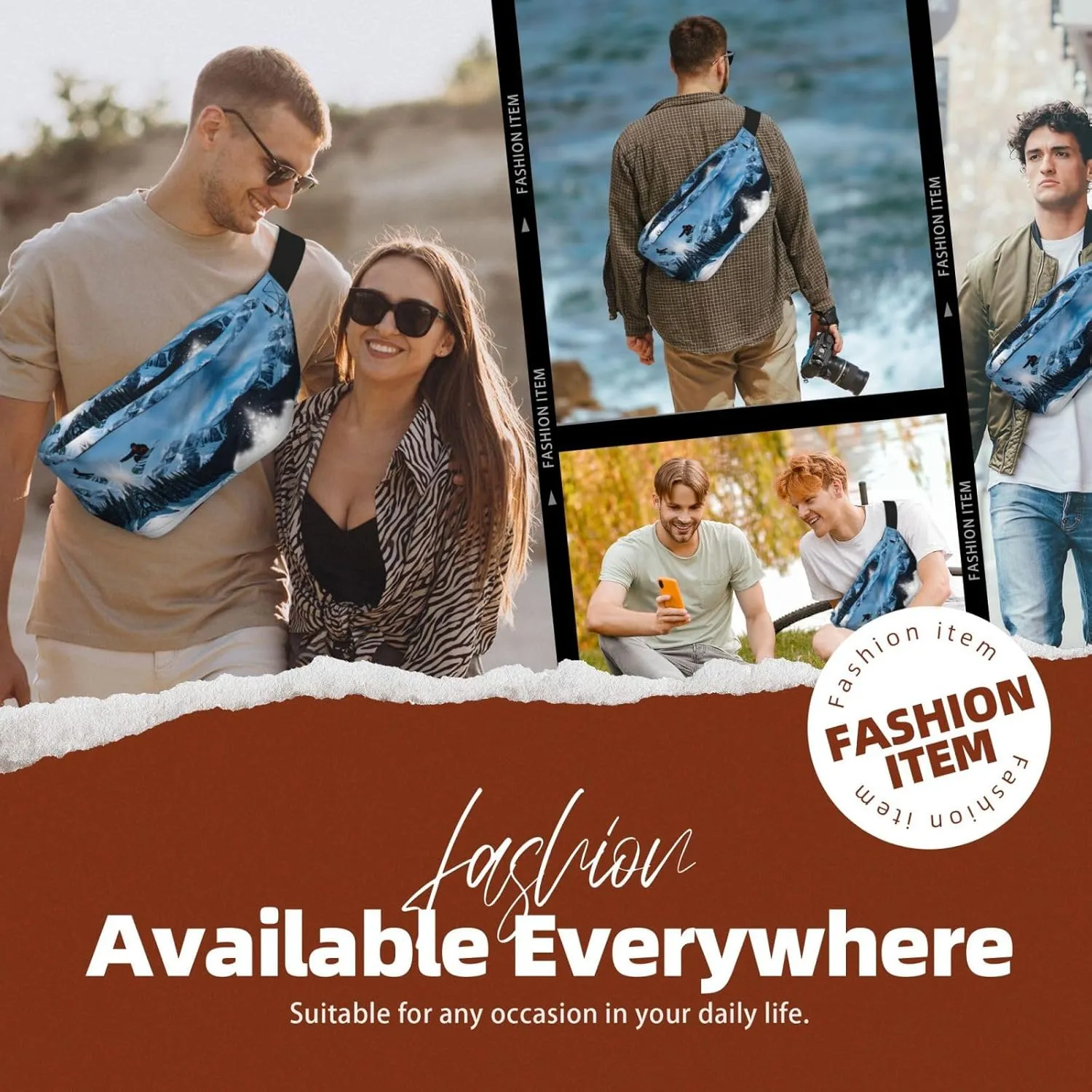 Snowboarding Fanny Pack Crossbody Sling Bag â€“ Zipper Pockets for Travel, Hiking, Cycling, Workouts, and Everyday Use