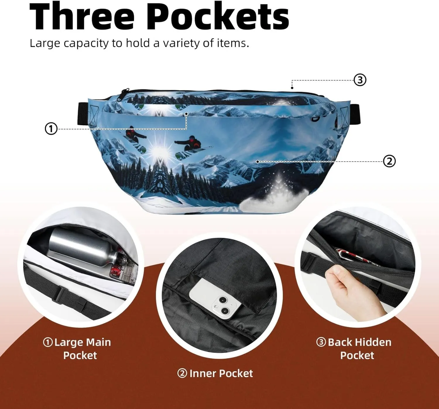 Snowboarding Fanny Pack Crossbody Sling Bag â€“ Zipper Pockets for Travel, Hiking, Cycling, Workouts, and Everyday Use