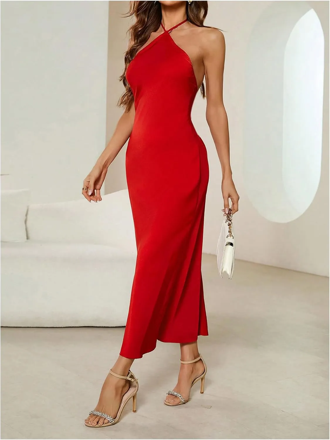 SOLY HUX Women's Halter Cami Dress Sleeveless Backless Bodycon Cocktail Party Satin Long Dresses