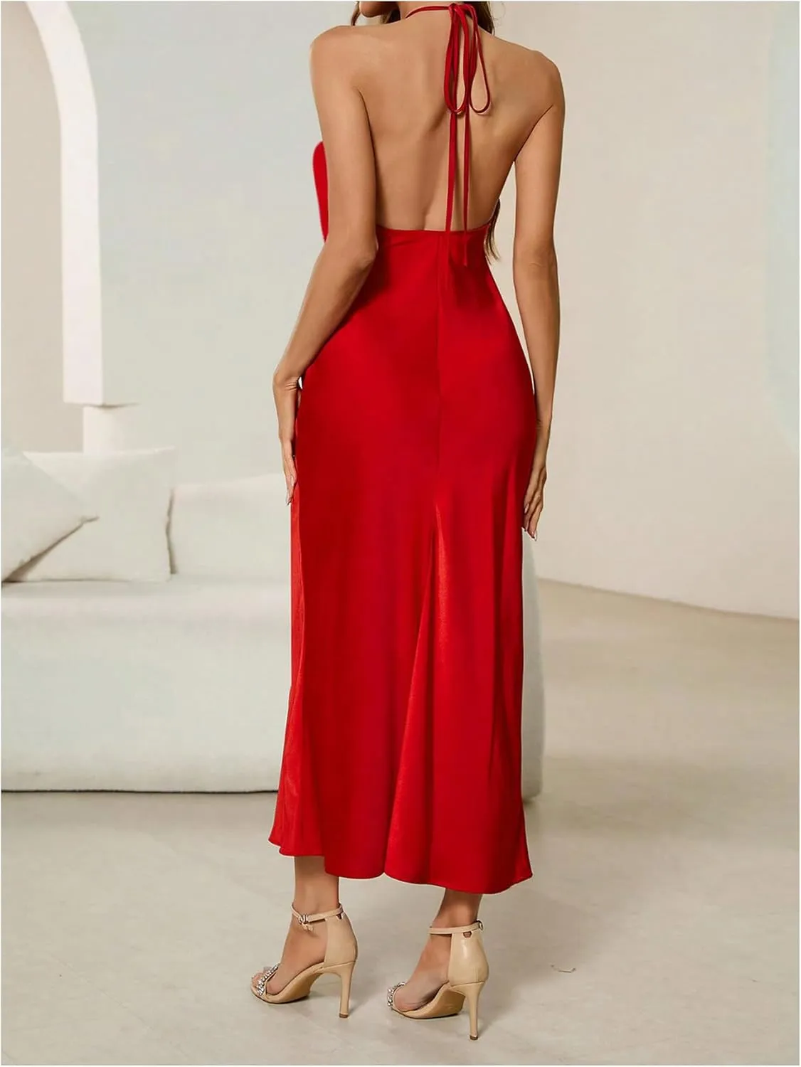 SOLY HUX Women's Halter Cami Dress Sleeveless Backless Bodycon Cocktail Party Satin Long Dresses