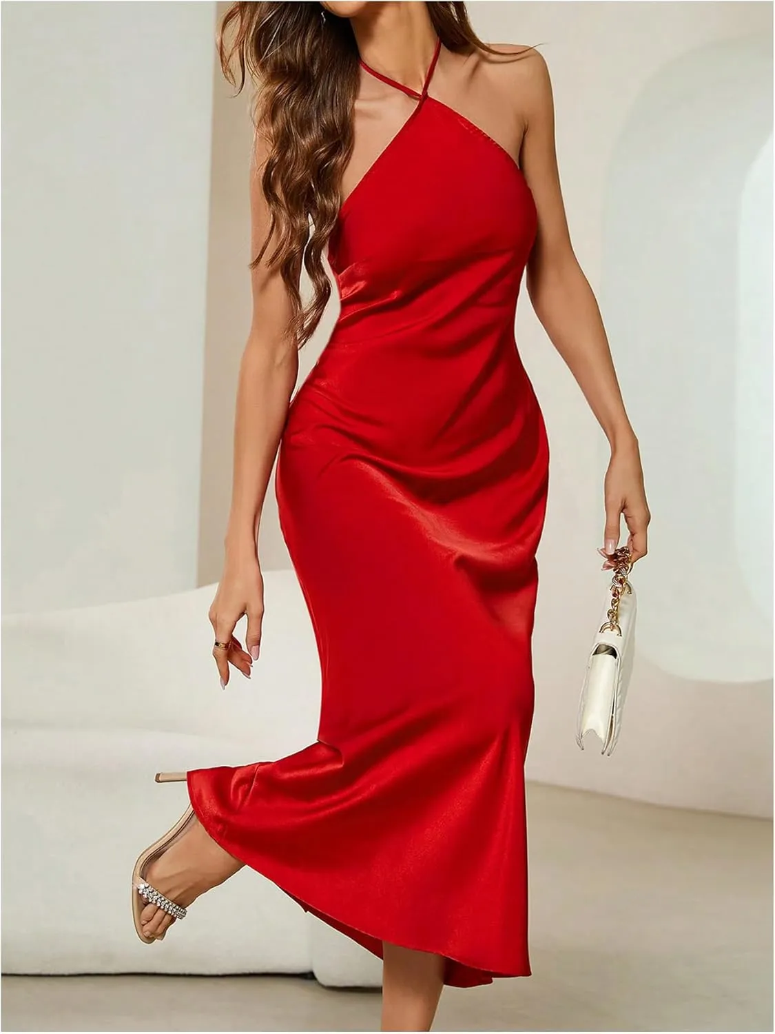 SOLY HUX Women's Halter Cami Dress Sleeveless Backless Bodycon Cocktail Party Satin Long Dresses